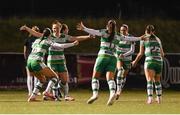 28 September 2024; Scarlett Herron of Shamrock Rovers celebrates with team-mates after scoring their side's second goal during the SSE Airtricity Women's Premier Division match between Athlone Town and Shamrock Rovers at Athlone Town Stadium in Westmeath. Photo by Stephen McCarthy/Sportsfile