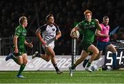 28 September 2024; Shane Jennings of Connacht, right, on his way to scoring his side's third try during the United Rugby Championship match between Connacht and Hollywoodbets Sharks at Dexcom Stadium in Galway. Photo by Tyler Miller/Sportsfile