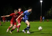28 September 2024; Colin Bolton of UCD in action against Kyle McDonagh of Sligo Rovers during the EA SPORTS MU20 League of Ireland Enda McGuill Cup final match between UCD and Sligo Rovers at UCD Bowl in Belfield, Dublin. Photo by David Fitzgerald/Sportsfile