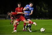 28 September 2024; Colin Bolton of UCD in action against Kyle McDonagh of Sligo Rovers during the EA SPORTS MU20 League of Ireland Enda McGuill Cup final match between UCD and Sligo Rovers at UCD Bowl in Belfield, Dublin. Photo by David Fitzgerald/Sportsfile