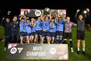 28 September 2024; UCD captain Harry Whelan lifts the trophy after the EA SPORTS MU20 League of Ireland Enda McGuill Cup final match between UCD and Sligo Rovers at UCD Bowl in Belfield, Dublin. Photo by David Fitzgerald/Sportsfile