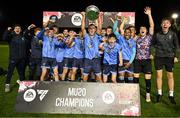 28 September 2024; UCD captain Harry Whelan lifts the trophy after the EA SPORTS MU20 League of Ireland Enda McGuill Cup final match between UCD and Sligo Rovers at UCD Bowl in Belfield, Dublin. Photo by David Fitzgerald/Sportsfile