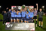 28 September 2024; UCD captain Harry Whelan lifts the trophy after the EA SPORTS MU20 League of Ireland Enda McGuill Cup final match between UCD and Sligo Rovers at UCD Bowl in Belfield, Dublin. Photo by David Fitzgerald/Sportsfile