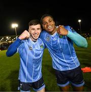 28 September 2024; UCD players Jamie Ryan, left, and Matthew Alonge celebrate after the EA SPORTS MU20 League of Ireland Enda McGuill Cup final match between UCD and Sligo Rovers at UCD Bowl in Belfield, Dublin. Photo by David Fitzgerald/Sportsfile