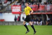 28 September 2024; Referee Ryan Maher during the SSE Airtricity Women's Premier Division match between Galway United and Shelbourne at Eamonn Deacy Park in Galway. Photo by Stephen McCarthy/Sportsfile