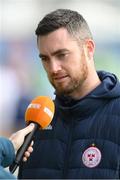 28 September 2024; Shelbourne manager Eoin Wearen speaks to TG4 before the SSE Airtricity Women's Premier Division match between Galway United and Shelbourne at Eamonn Deacy Park in Galway. Photo by Stephen McCarthy/Sportsfile