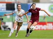 28 September 2024; Kate Thompson of Galway United in action against Roma McLaughlin of Shelbourne during the SSE Airtricity Women's Premier Division match between Galway United and Shelbourne at Eamonn Deacy Park in Galway. Photo by Stephen McCarthy/Sportsfile