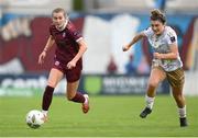 28 September 2024; Emma Doherty of Galway United in action against Keeva Keenan of Shelbourne during the SSE Airtricity Women's Premier Division match between Galway United and Shelbourne at Eamonn Deacy Park in Galway. Photo by Stephen McCarthy/Sportsfile