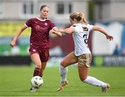28 September 2024; Kate Thompson of Galway United in action against Maggie Pierce of Shelbourne during the SSE Airtricity Women's Premier Division match between Galway United and Shelbourne at Eamonn Deacy Park in Galway. Photo by Stephen McCarthy/Sportsfile