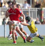 28 September 2024; Ruadhán Quinn of Munster in action against Leonard Krumov of Zebre Parma during the United Rugby Championship match between Zebre Parma and Munster at Stadio Sergio Lanfranchi in Parma, Italy. Photo by Roberto Bregani/Sportsfile