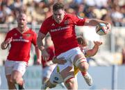 28 September 2024; Ruadhán Quinn of Munster is tackled by Giovanni Montemauri of Zebre Parma during the United Rugby Championship match between Zebre Parma and Munster at Stadio Sergio Lanfranchi in Parma, Italy. Photo by Roberto Bregani/Sportsfile
