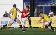 28 September 2024; Jack O’Donoghue of Munster in action against Giulio Bertaccini, left and Luca Morisi of Zebre Parma  during the United Rugby Championship match between Zebre Parma and Munster at Stadio Sergio Lanfranchi in Parma, Italy. Photo by Roberto Bregani/Sportsfile
