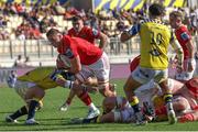 28 September 2024; Gavin Coombes of Munster attempts to make a break during the United Rugby Championship match between Zebre Parma and Munster at Stadio Sergio Lanfranchi in Parma, Italy. Photo by Roberto Bregani/Sportsfile