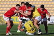 28 September 2024; Ruadhán Quinn of Munster in action against Tommaso Di Bartolomeo of Zebre Parma during the United Rugby Championship match between Zebre Parma and Munster at Stadio Sergio Lanfranchi in Parma, Italy. Photo by Roberto Bregani/Sportsfile