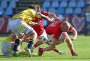 28 September 2024;  Bryan Fitzgerald of Munster in action against Davide Ruggeri of Zebre Parma during the United Rugby Championship match between Zebre Parma and Munster at Stadio Sergio Lanfranchi in Parma, Italy. Photo by Roberto Bregani/Sportsfile