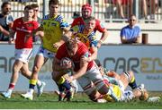 28 September 2024; Gavin Coombes of Munster in action against Giulio Bertaccini of Zebre Parma during the United Rugby Championship match between Zebre Parma and Munster at Stadio Sergio Lanfranchi in Parma, Italy. Photo by Roberto Bregani/Sportsfile