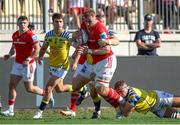 28 September 2024; Gavin Coombes of Munster in action against Giovanni Licata of Zebre Parma during the United Rugby Championship match between Zebre Parma and Munster at Stadio Sergio Lanfranchi in Parma, Italy. Photo by Roberto Bregani/Sportsfile