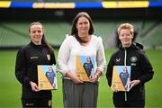 29 September 2024; Hannah Dingley, FAI head of women and girls football; centre, with Eileen Gleeson, Ireland WNT head coach; right, and Áine O’Gorman, Shamrock Rovers captain and Ireland WNT centurion, at the In Her Boots launch in Aviva Stadium, Dublin. Aviva, in partnership with the Football Association of Ireland (FAI), has launched In Her Boots, which is a new programme providing girls aged between 9-16 with specialist mentorship and coaching. Photo by Stephen McCarthy/Sportsfile