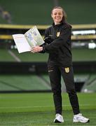 29 September 2024; Áine O’Gorman, Shamrock Rovers captain and Ireland WNT centurion, at the In Her Boots launch in Aviva Stadium, Dublin. Aviva, in partnership with the Football Association of Ireland (FAI), has launched In Her Boots, which is a new programme providing girls aged between 9-16 with specialist mentorship and coaching. Photo by Stephen McCarthy/Sportsfile