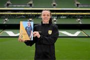29 September 2024; Áine O’Gorman, Shamrock Rovers captain and Ireland WNT centurion, at the In Her Boots launch in Aviva Stadium, Dublin. Aviva, in partnership with the Football Association of Ireland (FAI), has launched In Her Boots, which is a new programme providing girls aged between 9-16 with specialist mentorship and coaching. Photo by Stephen McCarthy/Sportsfile