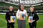 29 September 2024; Hannah Dingley, FAI head of women and girls football; centre, with Eileen Gleeson, Ireland WNT head coach; right, and Áine O’Gorman, Shamrock Rovers captain and Ireland WNT centurion, at the In Her Boots launch in Aviva Stadium, Dublin. Aviva, in partnership with the Football Association of Ireland (FAI), has launched In Her Boots, which is a new programme providing girls aged between 9-16 with specialist mentorship and coaching. Photo by Stephen McCarthy/Sportsfile
