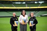 29 September 2024; Hannah Dingley, FAI head of women and girls football; centre, with Eileen Gleeson, Ireland WNT head coach; right, and Áine O’Gorman, Shamrock Rovers captain and Ireland WNT centurion, at the In Her Boots launch in Aviva Stadium, Dublin. Aviva, in partnership with the Football Association of Ireland (FAI), has launched In Her Boots, which is a new programme providing girls aged between 9-16 with specialist mentorship and coaching. Photo by Stephen McCarthy/Sportsfile