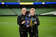 29 September 2024; Eileen Gleeson, Ireland WNT head coach; and Áine O’Gorman, Shamrock Rovers captain and Ireland WNT centurion, at the In Her Boots launch in Aviva Stadium, Dublin. Aviva, in partnership with the Football Association of Ireland (FAI), has launched In Her Boots, which is a new programme providing girls aged between 9-16 with specialist mentorship and coaching. Photo by Stephen McCarthy/Sportsfile
