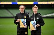 29 September 2024; Eileen Gleeson, Ireland WNT head coach; and Áine O’Gorman, Shamrock Rovers captain and Ireland WNT centurion, at the In Her Boots launch in Aviva Stadium, Dublin. Aviva, in partnership with the Football Association of Ireland (FAI), has launched In Her Boots, which is a new programme providing girls aged between 9-16 with specialist mentorship and coaching. Photo by Stephen McCarthy/Sportsfile