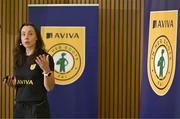 29 September 2024; Republic of Ireland women's team physiotherapist Angela Kenneally during the launch of the In Her Boots programme at the Aviva Stadium in Dublin. In Her Boots programme is an education and awareness-based programme aimed at the football volunteer workforce across Ireland working with female players (9-16years). The programme will focus on topics that are vital for the participation and retention of young female players in football across Ireland. This new approach to female player development, celebrates and informs all levels of your club on a national scale. Photo by Stephen McCarthy/Sportsfile