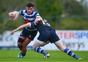 29 September 2024; Harry Casey of Blackrock is tackled by Harry Sheridan of Corinthians during the Bank of Ireland JP Fanagan Premier 1 qualifiers final match between Corinthians RFC and Blackrock College RFC at Corinthians RFC in Galway. Photo by Shauna Clinton/Sportsfile