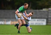 29 September 2024; Paul Cribbin of Johnstownbridge in action against Paddy McDermott of Naas during the Kildare County Senior Club Football Championship quarter-final match between Naas and Johnstownbridge at Manguard Park Hawkfield in Newbridge, Kildare. Photo by Tyler Miller/Sportsfile