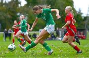 28 September 2024; Mary Hartofolis of Republic of Ireland has a shot on goal during the women's U17 international friendly match between Republic of Ireland and Cymru at the AUL Complex in Clonsaugh, Dublin. Photo by Shauna Clinton/Sportsfile