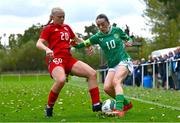 28 September 2024; Ella Kelly of Republic of Ireland in action against Lily Nicholls of Cymru during the women's U17 international friendly match between Republic of Ireland and Cymru at the AUL Complex in Clonsaugh, Dublin. Photo by Shauna Clinton/Sportsfile Photo by Shauna Clinton/Sportsfile
