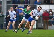 29 September 2024; Darragh Kirwan of Naas in action against Daniel Flynn of Johnstownbridge during the Kildare County Senior Club Football Championship quarter-final match between Naas and Johnstownbridge at Manguard Park Hawkfield in Newbridge, Kildare. Photo by Tyler Miller/Sportsfile