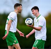 28 September 2024; Charlie Byrne, left, and Dylan Sheridan of Ireland after their side's victory in the Cerebal Palsy men's international series match between Ireland and Scotland at the AUL Complex in Dublin. Photo by Shauna Clinton/Sportsfile