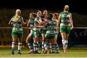 28 September 2024; Shamrock Rovers players celebrate after Joy Ralph, second from left, scored their third goal during the SSE Airtricity Women's Premier Division match between Athlone Town and Shamrock Rovers at Athlone Town Stadium in Westmeath. Photo by Stephen McCarthy/Sportsfile