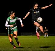 28 September 2024; Roisin Molloy of Athlone Town in action against Maria Reynolds of Shamrock Rovers during the SSE Airtricity Women's Premier Division match between Athlone Town and Shamrock Rovers at Athlone Town Stadium in Westmeath. Photo by Stephen McCarthy/Sportsfile