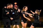 28 September 2024; Madison Gibson of Athlone Town celebrates with Laurie Ryan, right, and coaching staff after scoring their second goal during the SSE Airtricity Women's Premier Division match between Athlone Town and Shamrock Rovers at Athlone Town Stadium in Westmeath. Photo by Stephen McCarthy/Sportsfile