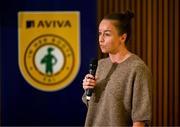 29 September 2024; FAI's women’s football programme coordinator Pearl Slattery during the launch of the In Her Boots programme at the Aviva Stadium in Dublin. In Her Boots programme is an education and awareness-based programme aimed at the football volunteer workforce across Ireland working with female players (9-16years). The programme will focus on topics that are vital for the participation and retention of young female players in football across Ireland. This new approach to female player development, celebrates and informs all levels of your club on a national scale. Photo by Stephen McCarthy/Sportsfile
