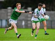 29 September 2024; Cian Byrne of Sarsfields in action against Harry O'Connor of Moorefield during the Kildare County Senior Club Football Championship quarter-final match between Moorefield and Sarsfields at Manguard Park Hawkfield in Newbridge, Kildare. Photo by Tyler Miller/Sportsfile
