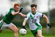 29 September 2024; Colm Harnett of Sarsfields in action against Eoin Meehan of Moorefield during the Kildare County Senior Club Football Championship quarter-final match between Moorefield and Sarsfields at Manguard Park Hawkfield in Newbridge, Kildare. Photo by Tyler Miller/Sportsfile