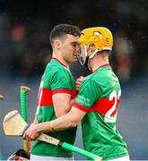 29 September 2024; Loughmore Castleiney players Ciaran McCormack, left, and Paul McCahey after their side's victory in the Tipperary County Senior Club Hurling Championship semi-final match between Loughmore Castleiney and Thurles Sarsfields at FBD Semple Stadium in Thurles, Tipperary. Photo by Michael P Ryan/Sportsfile
