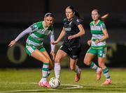 28 September 2024; Roisin Molloy of Athlone Town in action against Maria Reynolds of Shamrock Rovers during the SSE Airtricity Women's Premier Division match between Athlone Town and Shamrock Rovers at Athlone Town Stadium in Westmeath. Photo by Stephen McCarthy/Sportsfile