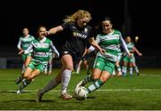 28 September 2024; Ciara O'Neill of Athlone Town in action against Lia O'Leary of Shamrock Rovers during the SSE Airtricity Women's Premier Division match between Athlone Town and Shamrock Rovers at Athlone Town Stadium in Westmeath. Photo by Stephen McCarthy/Sportsfile