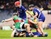 29 September 2024; Players from both teams battle for possession during the Tipperary County Senior Club Hurling Championship semi-final match between Loughmore Castleiney and Thurles Sarsfields at FBD Semple Stadium in Thurles, Tipperary. Photo by Michael P Ryan/Sportsfile