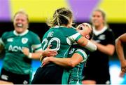 29 September 2024; Ireland players Erin King, left, and Emily Lane celebrate at the final whistle of the WXV1 Pool match between New Zealand and Ireland at BC Place in Vancouver, British Columbia. Photo by Rich Lam / World Rugby via Sportsfile