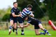 29 September 2024; Harry Casey of Blackrock in action against Jed O'Malley, left, and Joseph Smyth of Corinthians during the Bank of Ireland JP Fanagan Premier 1 qualifiers final match between Corinthians RFC and Blackrock College RFC at Corinthians RFC in Galway. Photo by Shauna Clinton/Sportsfile