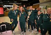 18 September 2024; The team on arrival at Dublin Airport during the Men's and Women's Republic of Ireland Homeless teams' return from the 2024 Homeless World Cup in South Korea, where the Women's Team won the Trophy Stage and the Men's Team finished 8th. Photo by David Fitzgerald/Sportsfile