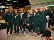 18 September 2024; The team on arrival at Dublin Airport during the Men's and Women's Republic of Ireland Homeless teams' return from the 2024 Homeless World Cup in South Korea, where the Women's Team won the Trophy Stage and the Men's Team finished 8th. Photo by David Fitzgerald/Sportsfile