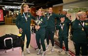 18 September 2024; The team on arrival at Dublin Airport during the Men's and Women's Republic of Ireland Homeless teams' return from the 2024 Homeless World Cup in South Korea, where the Women's Team won the Trophy Stage and the Men's Team finished 8th. Photo by David Fitzgerald/Sportsfile